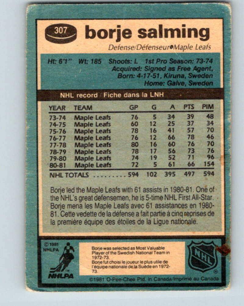 1981-82 O-Pee-Chee #307 Borje Salming Toronto Maple Leafs V31650