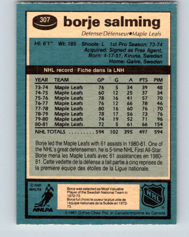 1981-82 O-Pee-Chee #307 Borje Salming Toronto Maple Leafs V31654