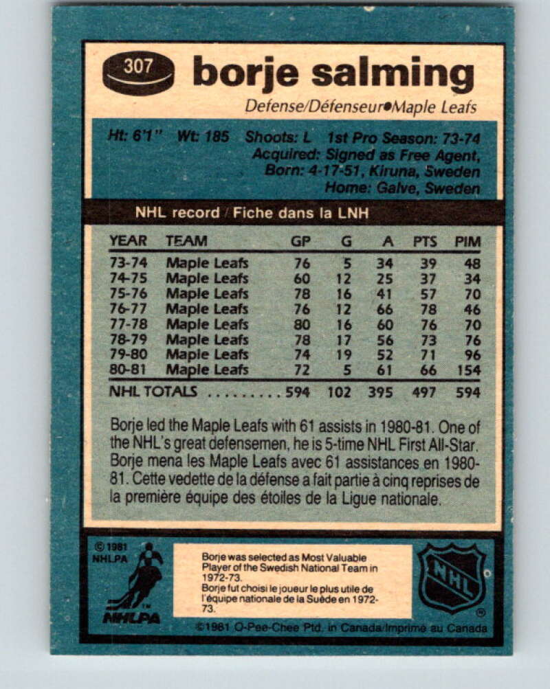 1981-82 O-Pee-Chee #307 Borje Salming Toronto Maple Leafs V31655