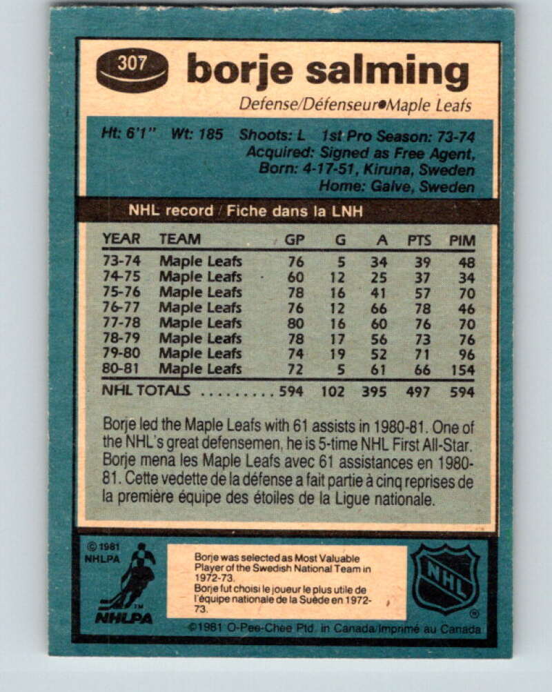 1981-82 O-Pee-Chee #307 Borje Salming Toronto Maple Leafs V31656