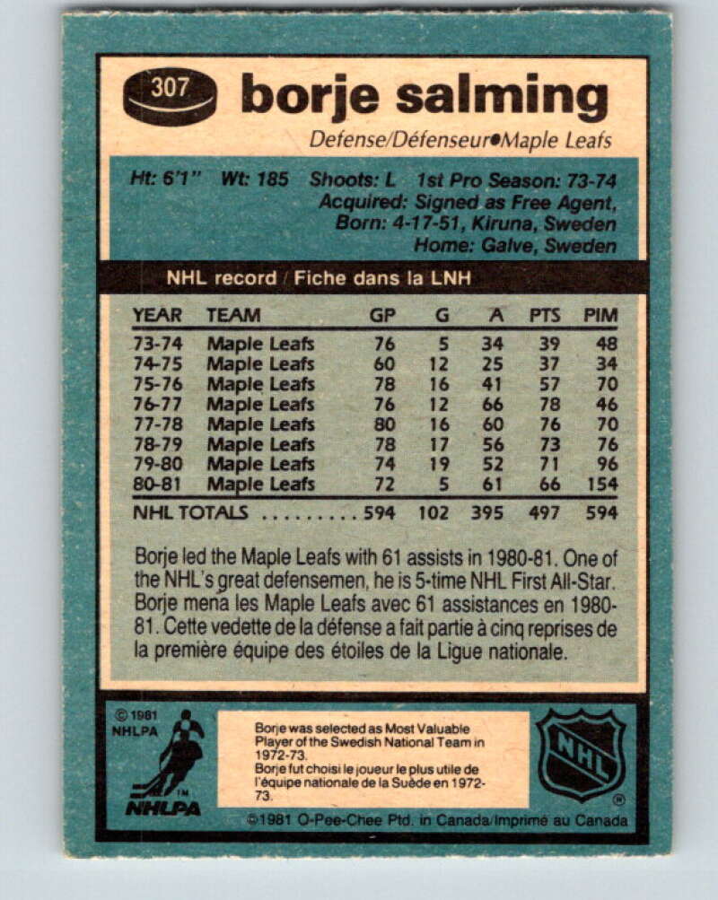 1981-82 O-Pee-Chee #307 Borje Salming Toronto Maple Leafs V31659