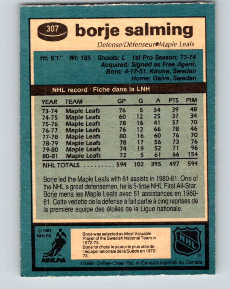 1981-82 O-Pee-Chee #307 Borje Salming Toronto Maple Leafs V31661