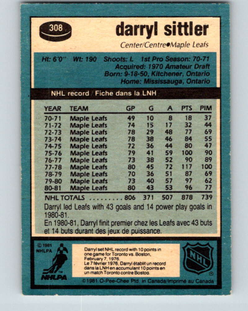 1981-82 O-Pee-Chee #308 Darryl Sittler Toronto Maple Leafs V31662