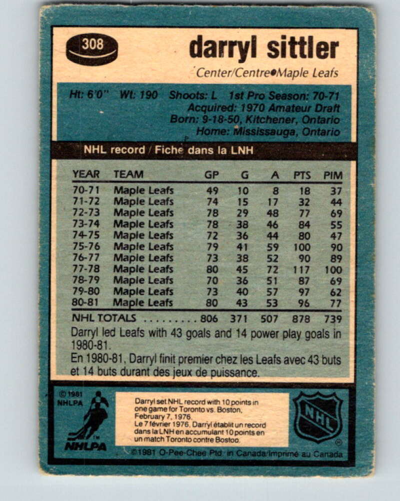 1981-82 O-Pee-Chee #308 Darryl Sittler Toronto Maple Leafs V31663