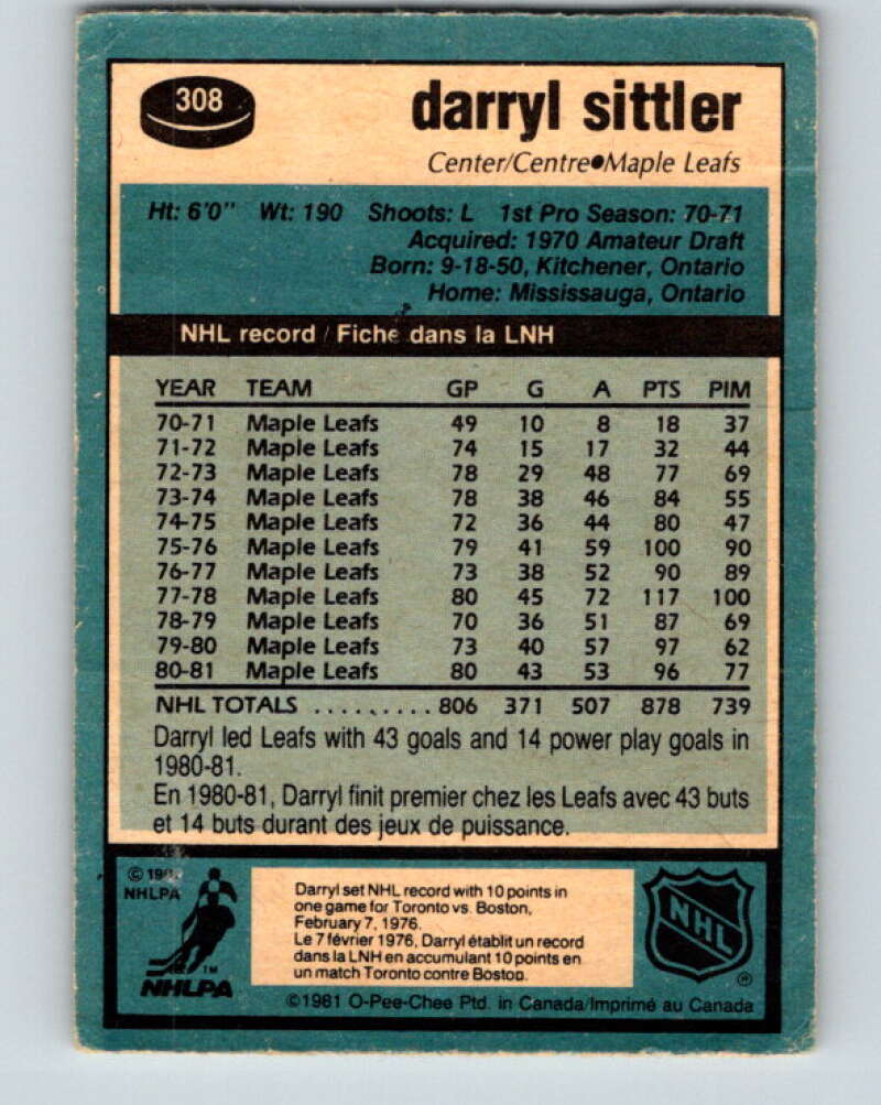 1981-82 O-Pee-Chee #308 Darryl Sittler Toronto Maple Leafs V31664