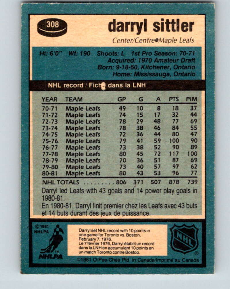 1981-82 O-Pee-Chee #308 Darryl Sittler Toronto Maple Leafs V31667