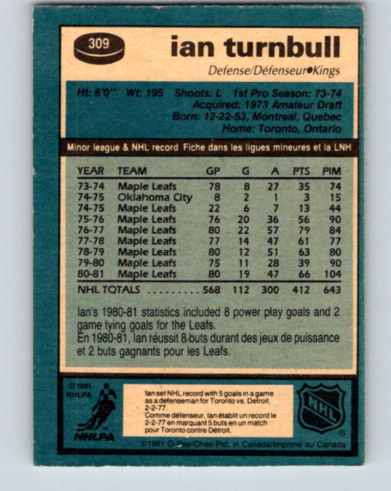 1981-82 O-Pee-Chee #309 Ian Turnbull Los Angeles Kings V31668