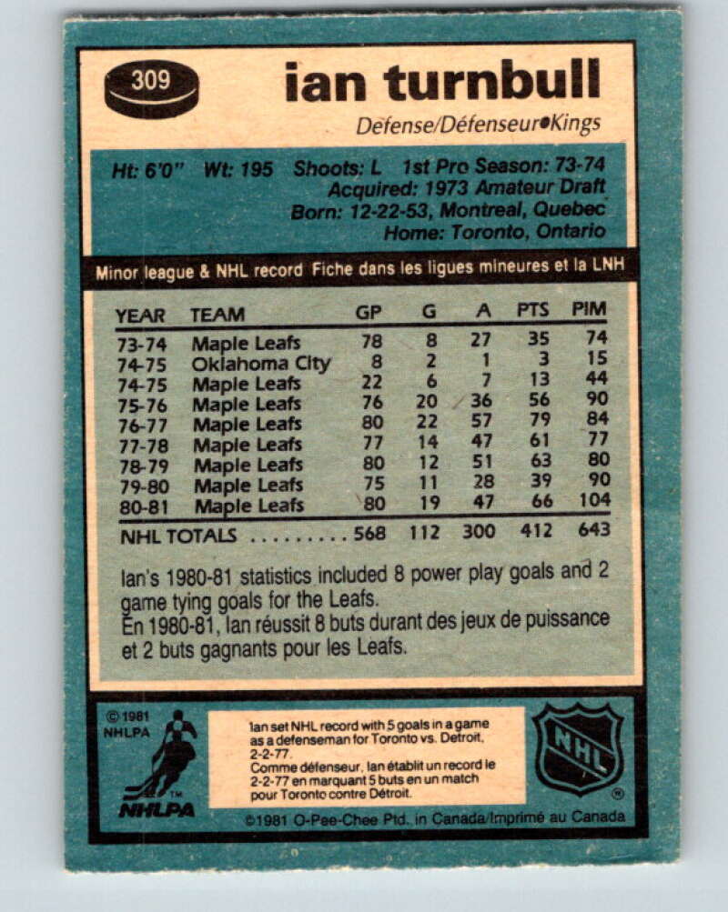 1981-82 O-Pee-Chee #309 Ian Turnbull Los Angeles Kings V31669