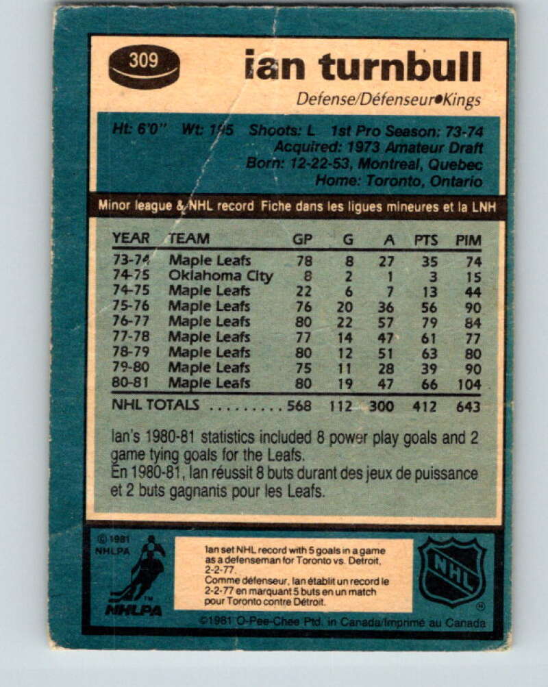 1981-82 O-Pee-Chee #309 Ian Turnbull Los Angeles Kings V31672