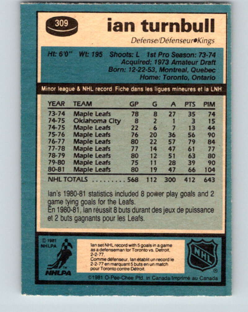 1981-82 O-Pee-Chee #309 Ian Turnbull Los Angeles Kings V31674
