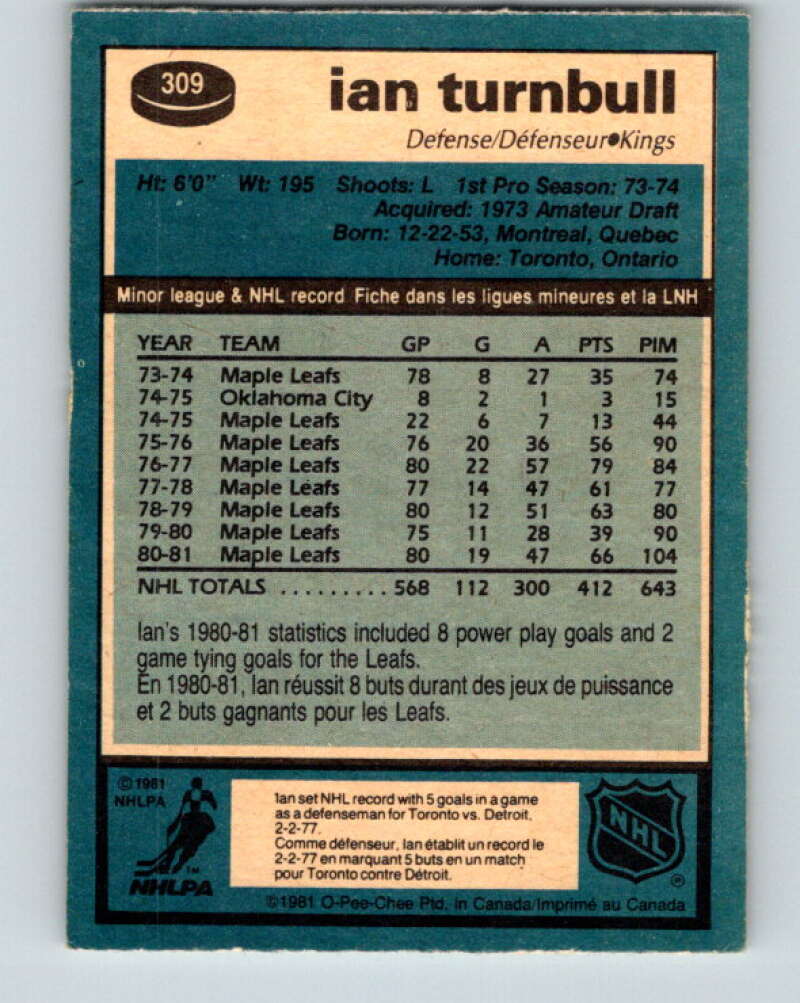 1981-82 O-Pee-Chee #309 Ian Turnbull Los Angeles Kings V31675