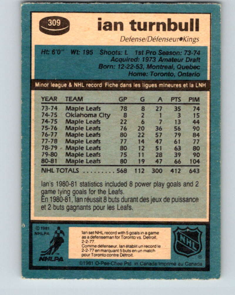 1981-82 O-Pee-Chee #309 Ian Turnbull Los Angeles Kings V31676