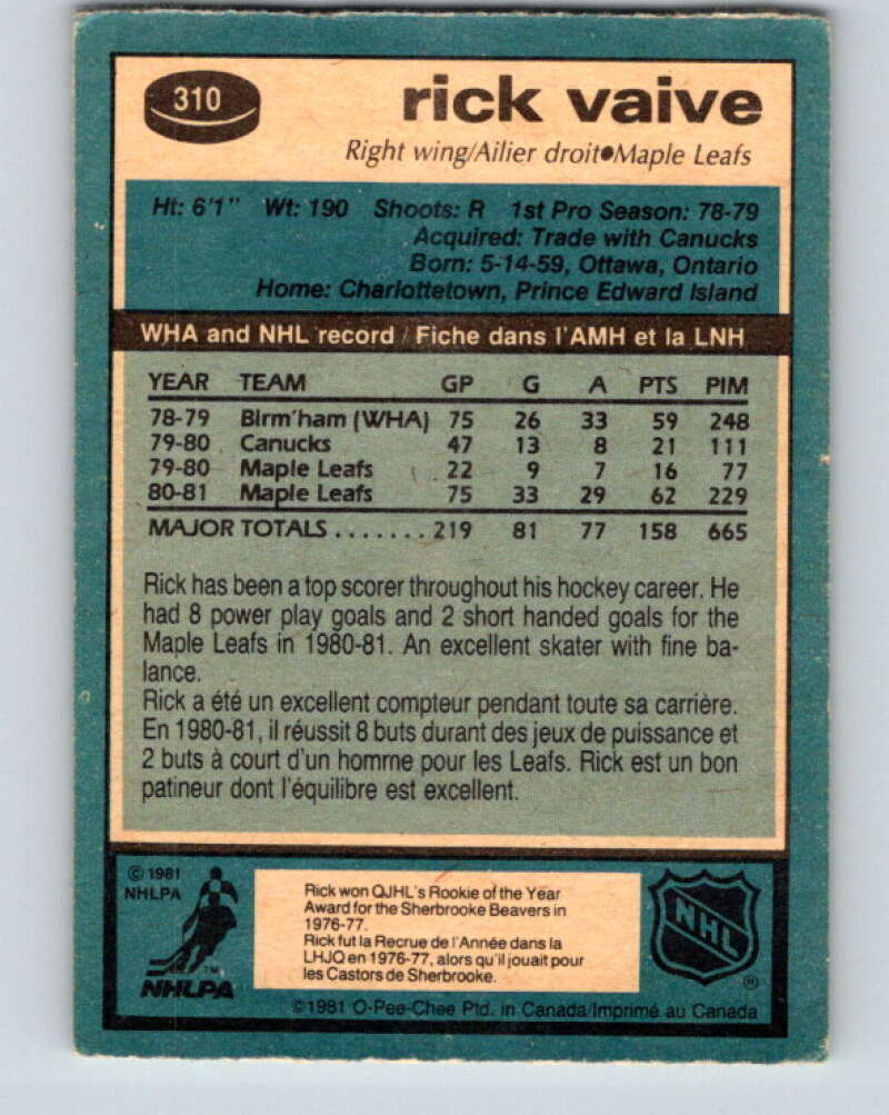 1981-82 O-Pee-Chee #310 Rick Vaive Toronto Maple Leafs V31677