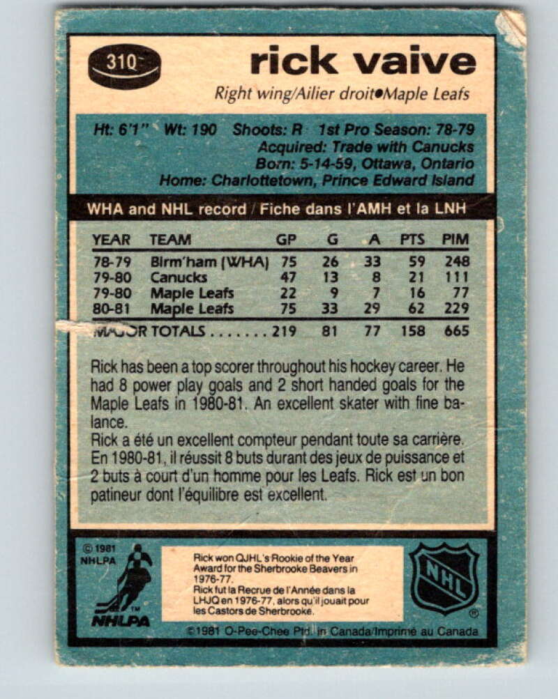 1981-82 O-Pee-Chee #310 Rick Vaive Toronto Maple Leafs V31678