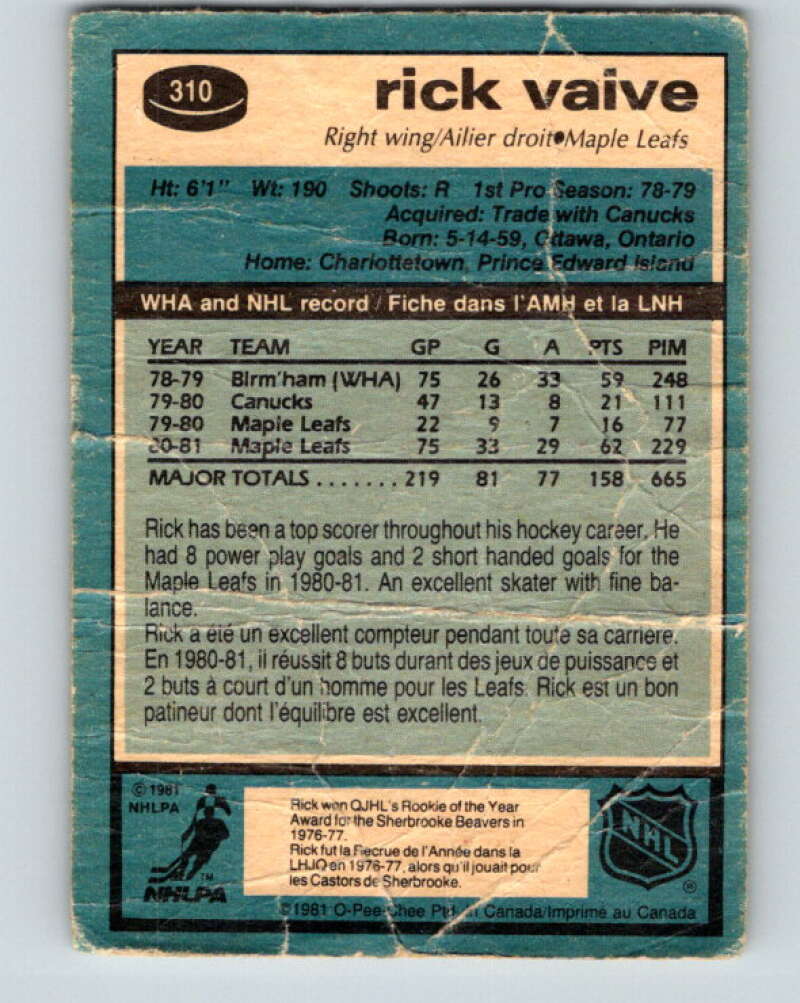1981-82 O-Pee-Chee #310 Rick Vaive Toronto Maple Leafs V31679