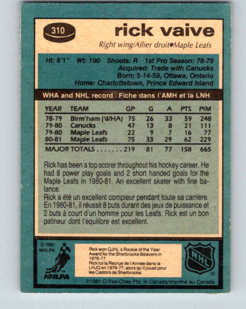 1981-82 O-Pee-Chee #310 Rick Vaive Toronto Maple Leafs V31682