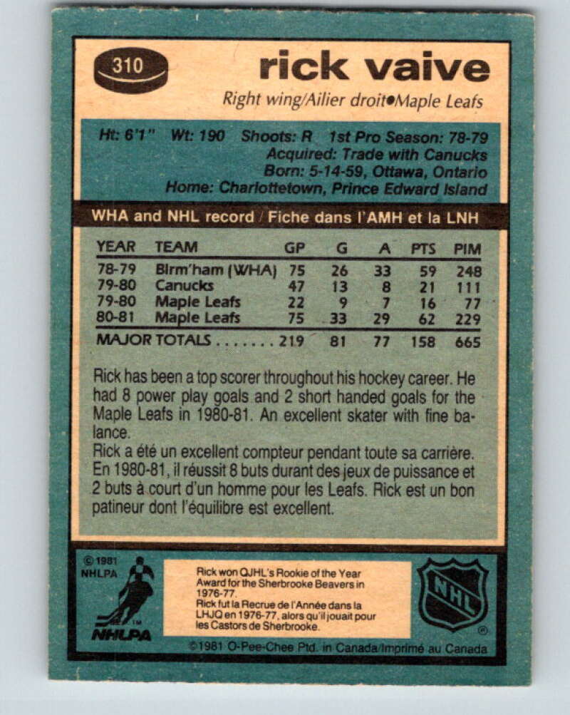 1981-82 O-Pee-Chee #310 Rick Vaive Toronto Maple Leafs V31683