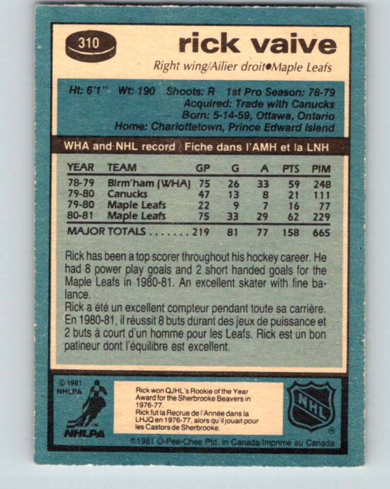 1981-82 O-Pee-Chee #310 Rick Vaive Toronto Maple Leafs V31684