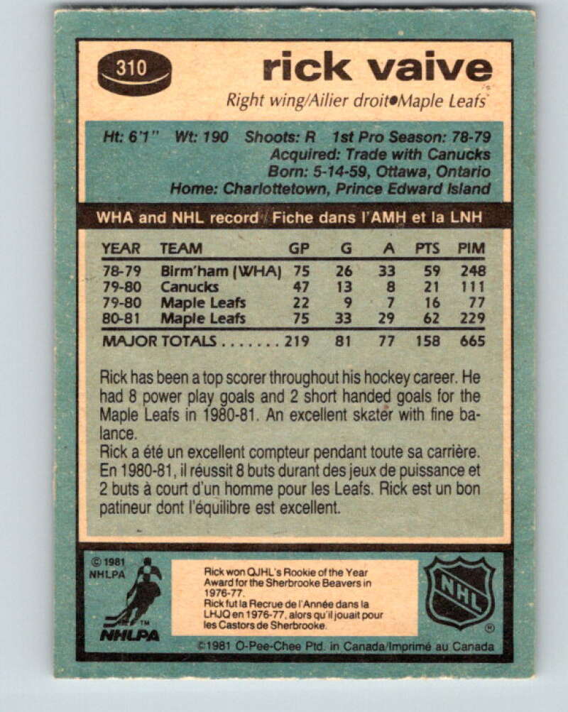 1981-82 O-Pee-Chee #310 Rick Vaive Toronto Maple Leafs V31685