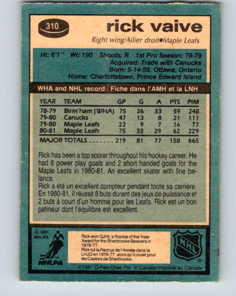1981-82 O-Pee-Chee #310 Rick Vaive Toronto Maple Leafs V31687