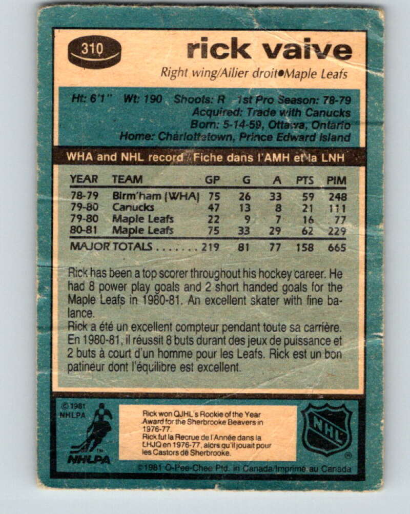 1981-82 O-Pee-Chee #310 Rick Vaive Toronto Maple Leafs V31688