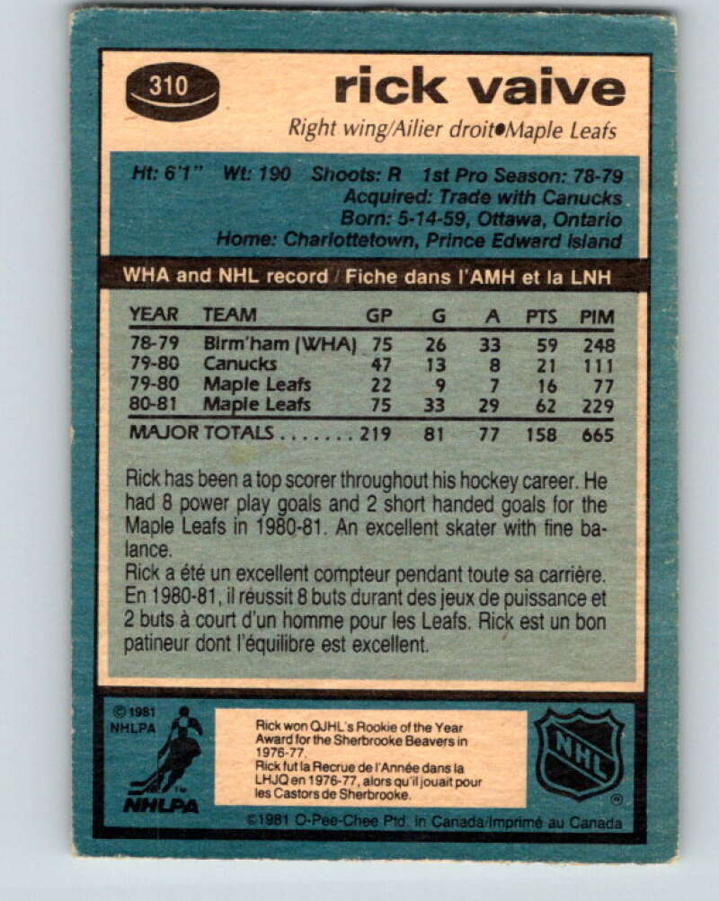 1981-82 O-Pee-Chee #310 Rick Vaive Toronto Maple Leafs V31689