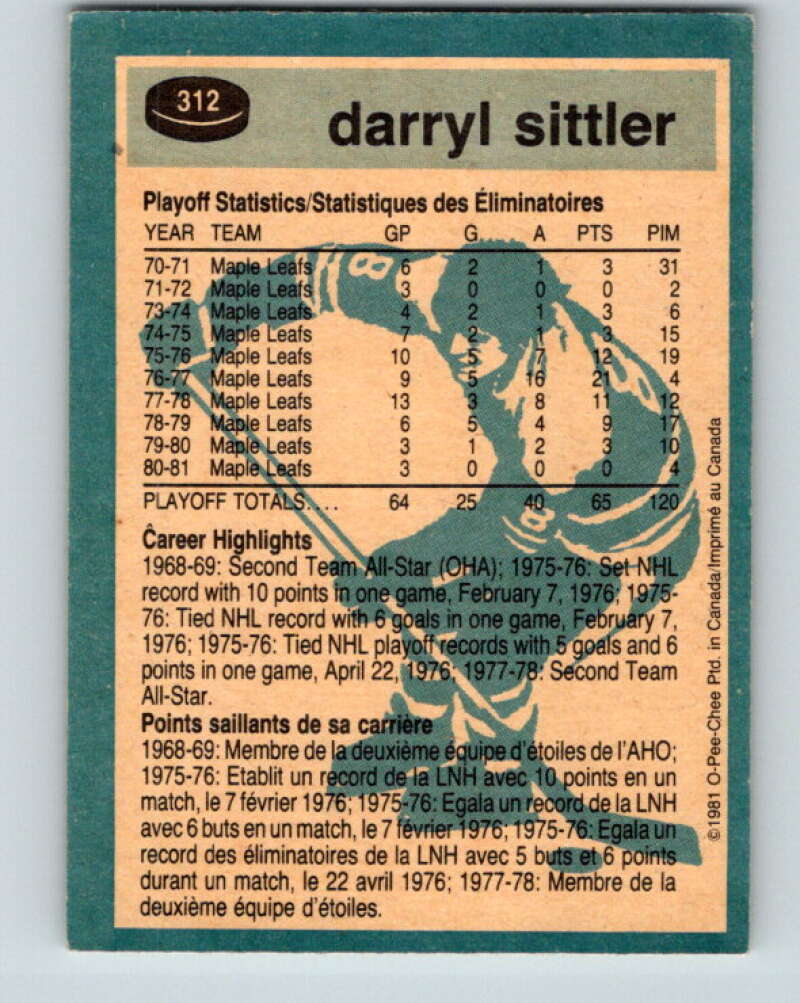 1981-82 O-Pee-Chee #312 Darryl Sittler Toronto Maple Leafs V31695