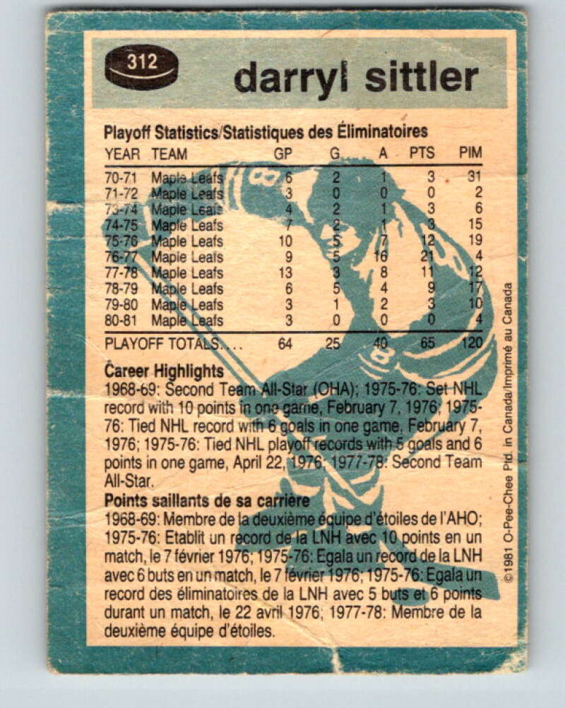 1981-82 O-Pee-Chee #312 Darryl Sittler Toronto Maple Leafs V31696
