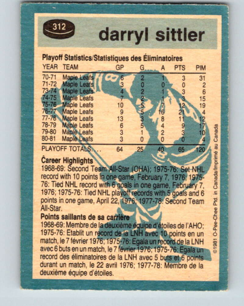 1981-82 O-Pee-Chee #312 Darryl Sittler Toronto Maple Leafs V31698