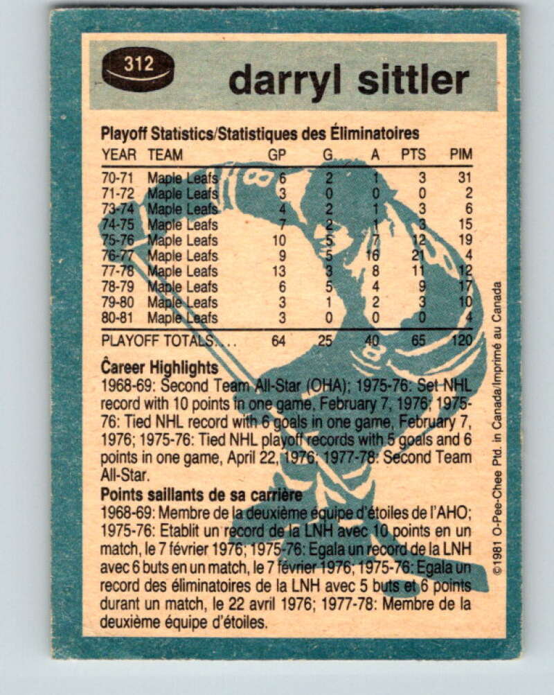 1981-82 O-Pee-Chee #312 Darryl Sittler Toronto Maple Leafs V31699