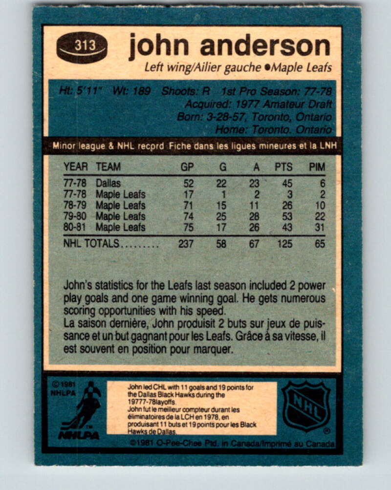 1981-82 O-Pee-Chee #313 John Anderson Toronto Maple Leafs V31700