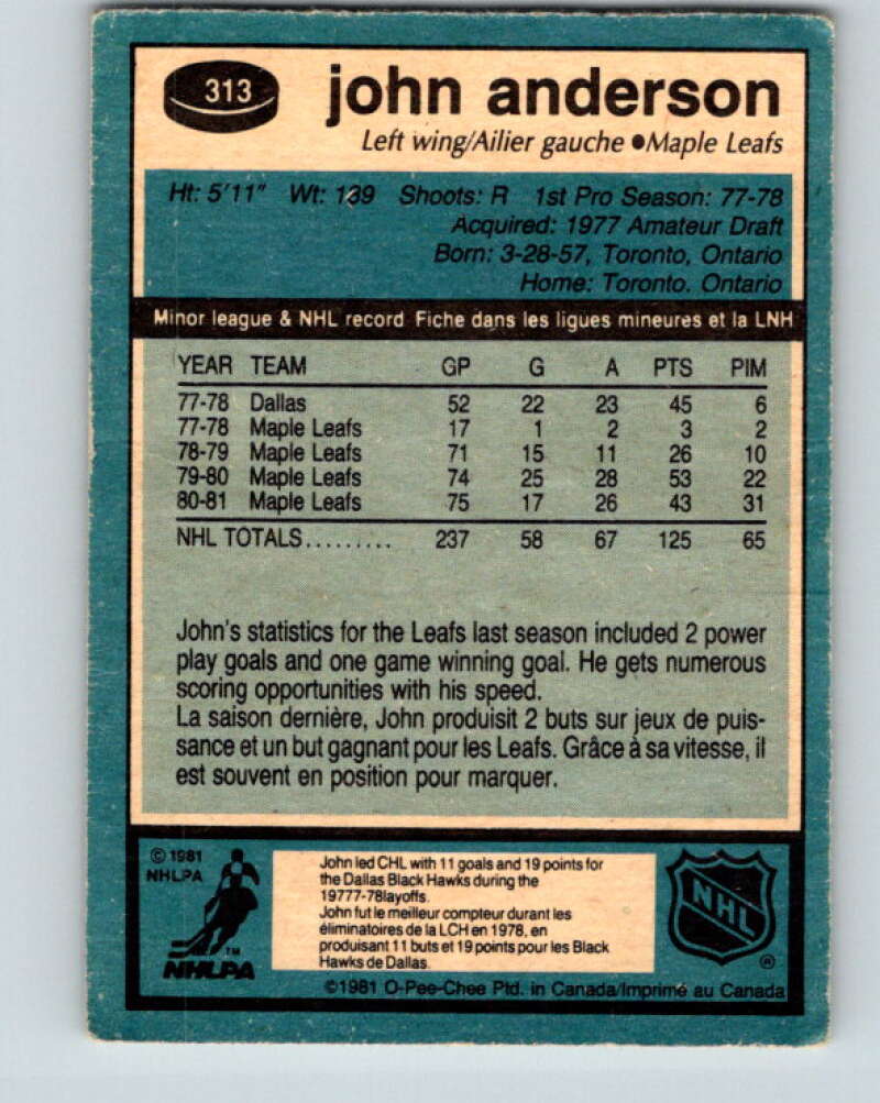 1981-82 O-Pee-Chee #313 John Anderson Toronto Maple Leafs V31701