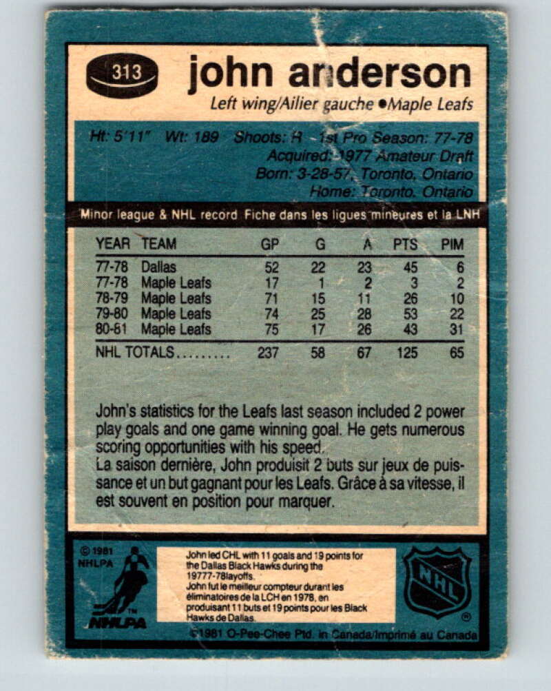 1981-82 O-Pee-Chee #313 John Anderson Toronto Maple Leafs V31704