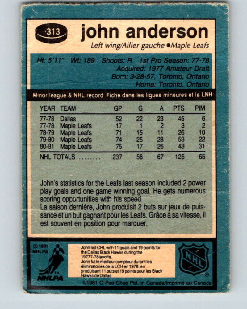 1981-82 O-Pee-Chee #313 John Anderson Toronto Maple Leafs V31705