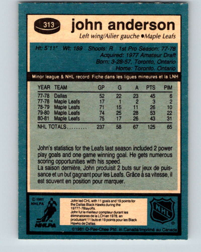 1981-82 O-Pee-Chee #313 John Anderson Toronto Maple Leafs V31706