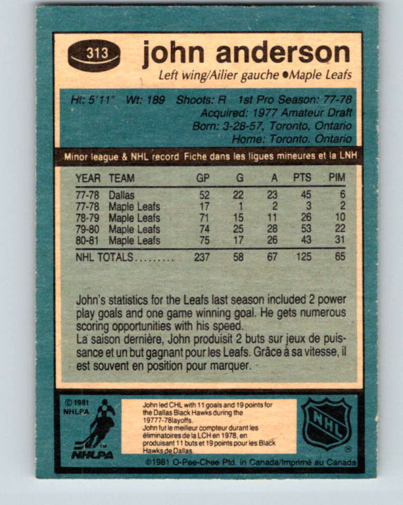 1981-82 O-Pee-Chee #313 John Anderson Toronto Maple Leafs V31707