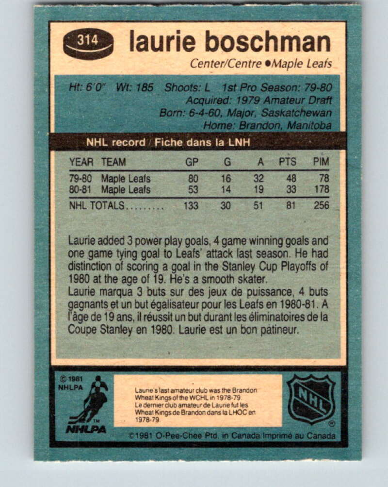 1981-82 O-Pee-Chee #314 Laurie Boschman Toronto Maple Leafs V31708