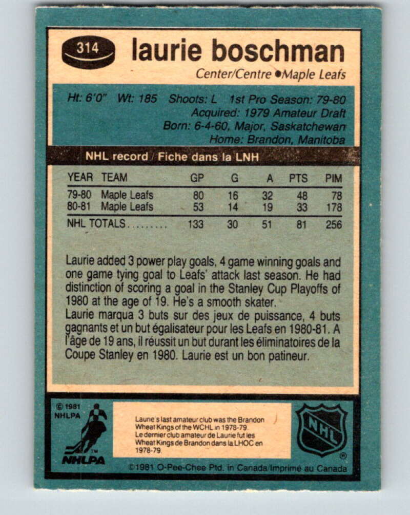 1981-82 O-Pee-Chee #314 Laurie Boschman Toronto Maple Leafs V31709