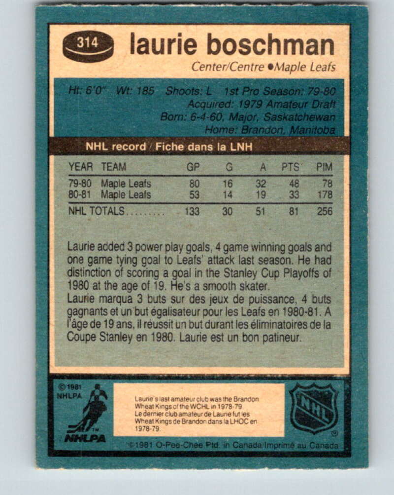 1981-82 O-Pee-Chee #314 Laurie Boschman Toronto Maple Leafs V31710