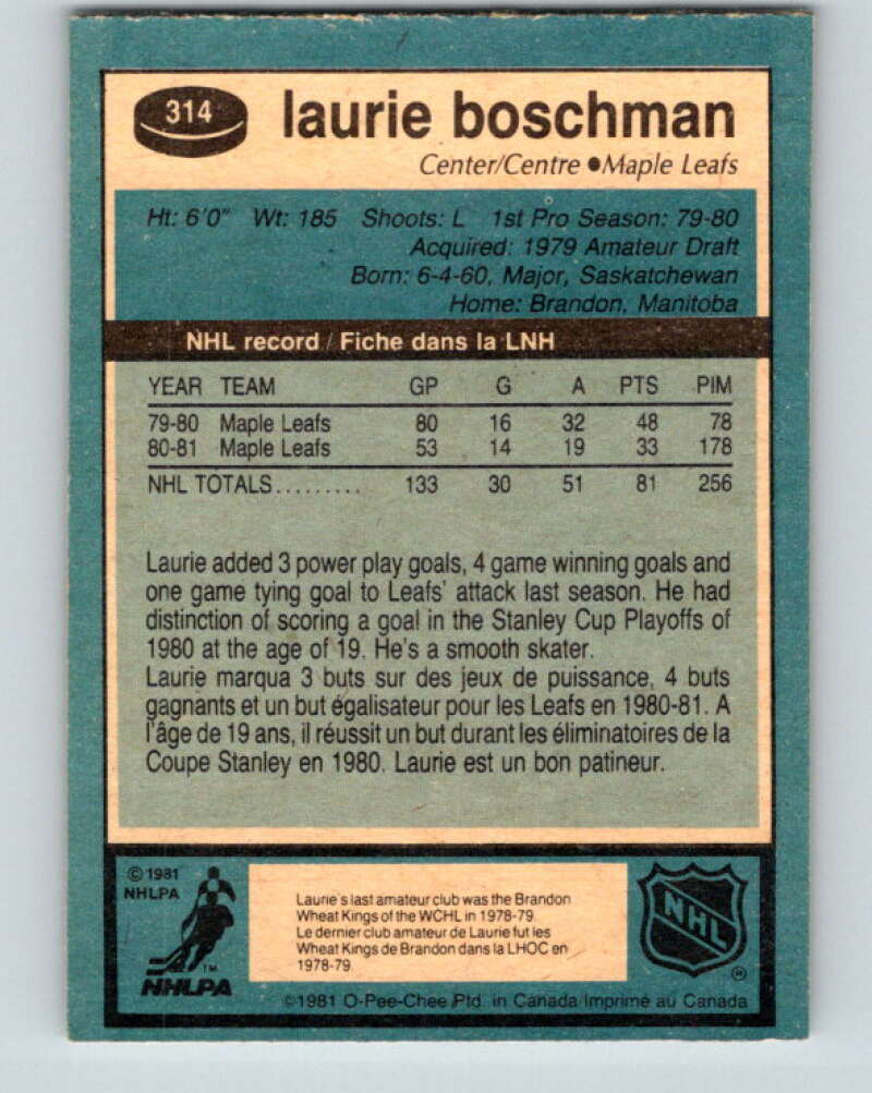 1981-82 O-Pee-Chee #314 Laurie Boschman Toronto Maple Leafs V31711