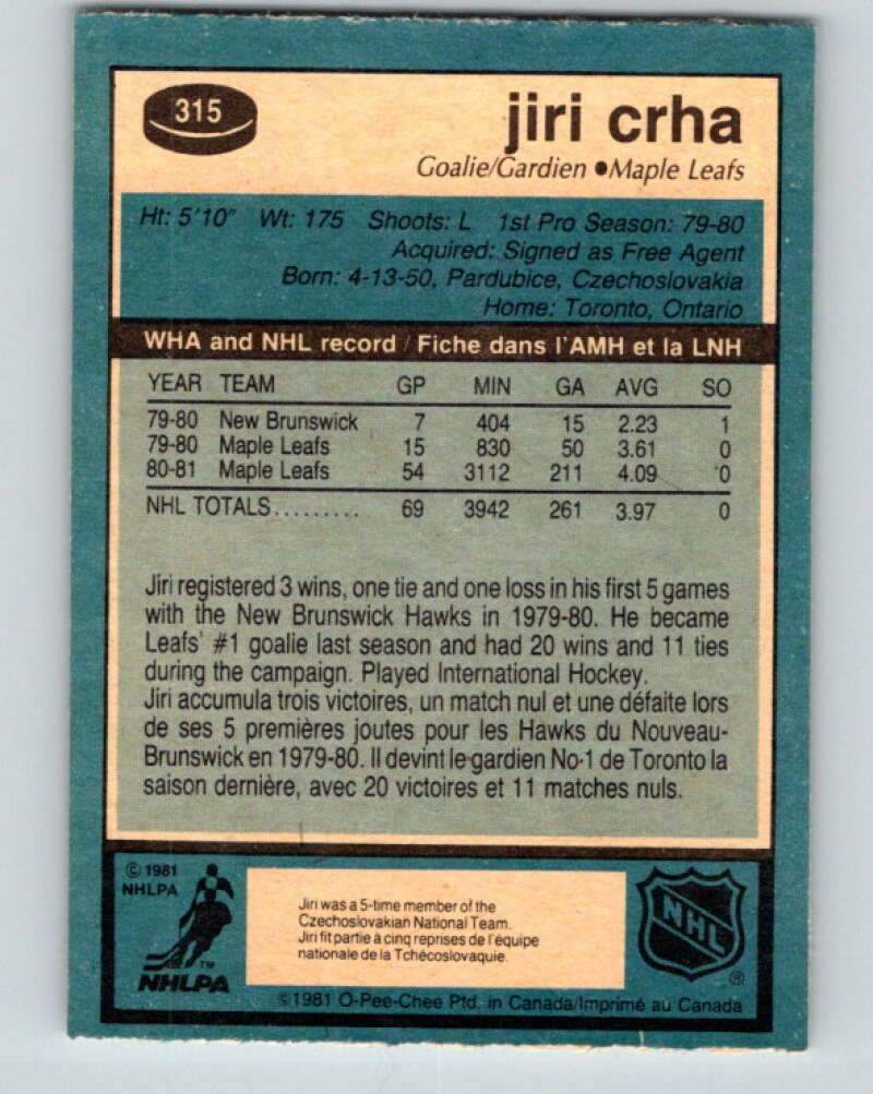 1981-82 O-Pee-Chee #315 Jiri Crha RC Rookie Toronto Maple Leafs V31716