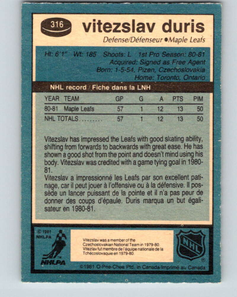 1981-82 O-Pee-Chee #316 Vitezslav Duris RC Rookie Maple Leafs V31719