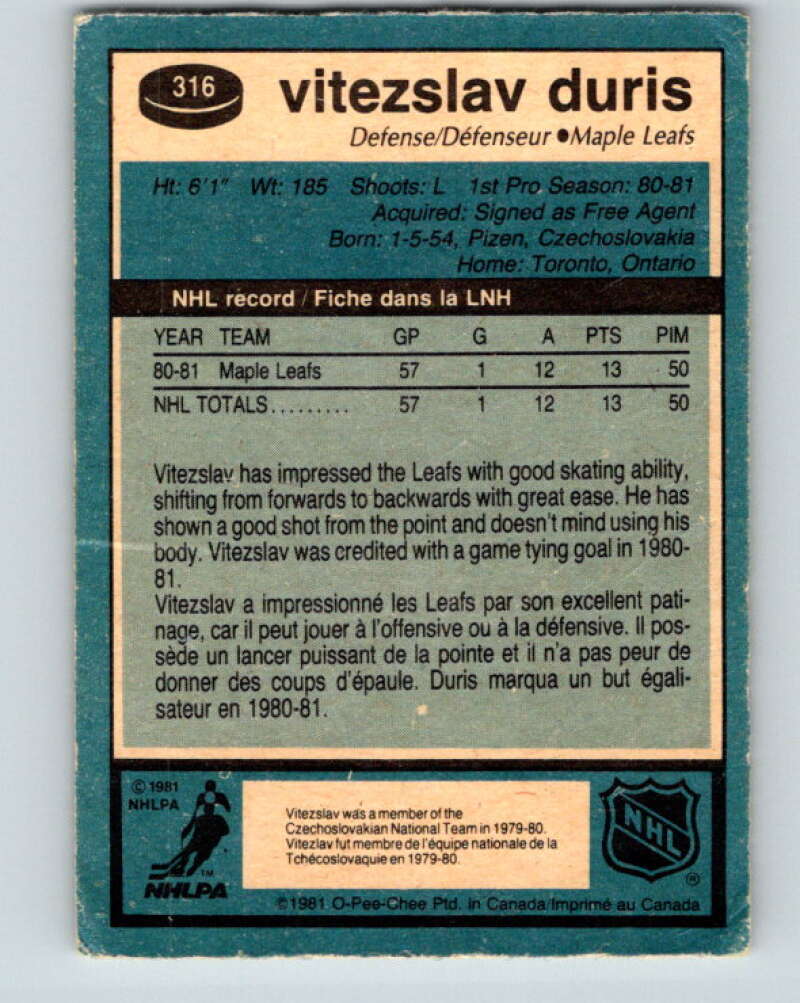 1981-82 O-Pee-Chee #316 Vitezslav Duris RC Rookie Maple Leafs V31720