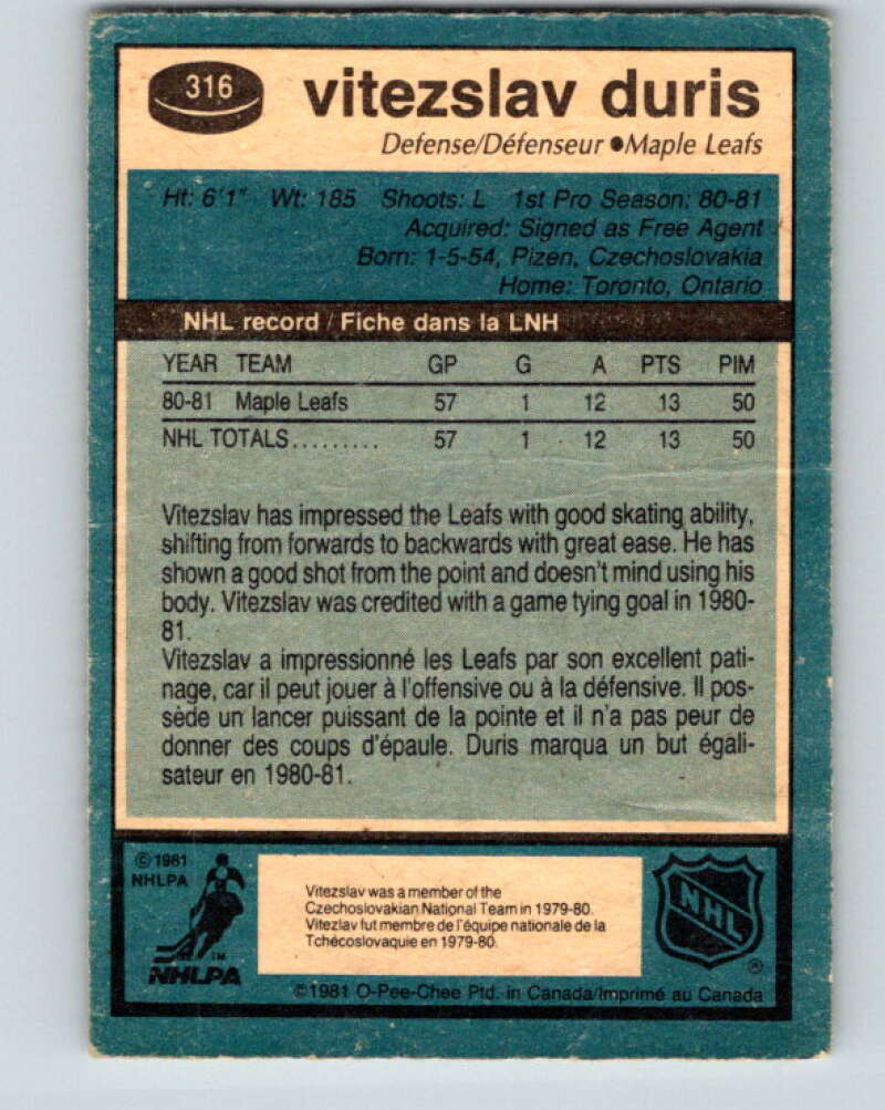1981-82 O-Pee-Chee #316 Vitezslav Duris RC Rookie Maple Leafs V31721
