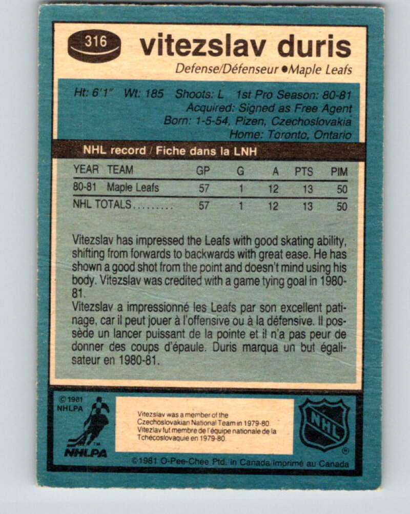 1981-82 O-Pee-Chee #316 Vitezslav Duris RC Rookie Maple Leafs V31722