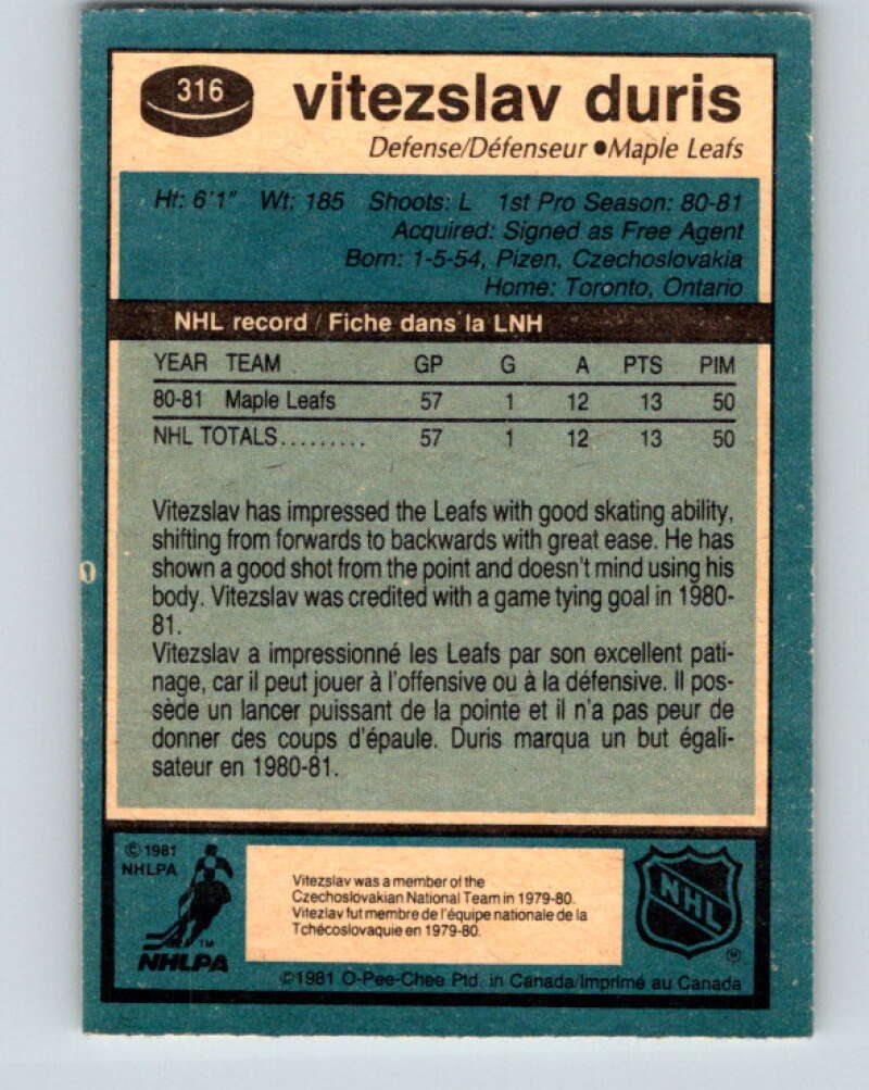 1981-82 O-Pee-Chee #316 Vitezslav Duris RC Rookie Maple Leafs V31724