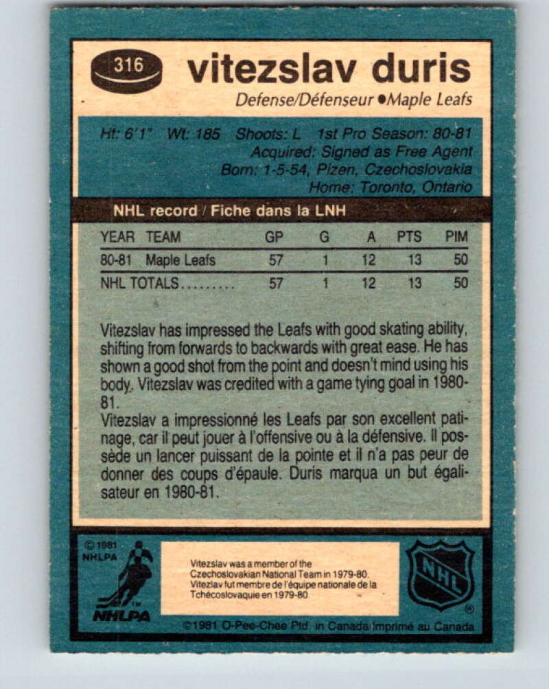 1981-82 O-Pee-Chee #316 Vitezslav Duris RC Rookie Maple Leafs V31726