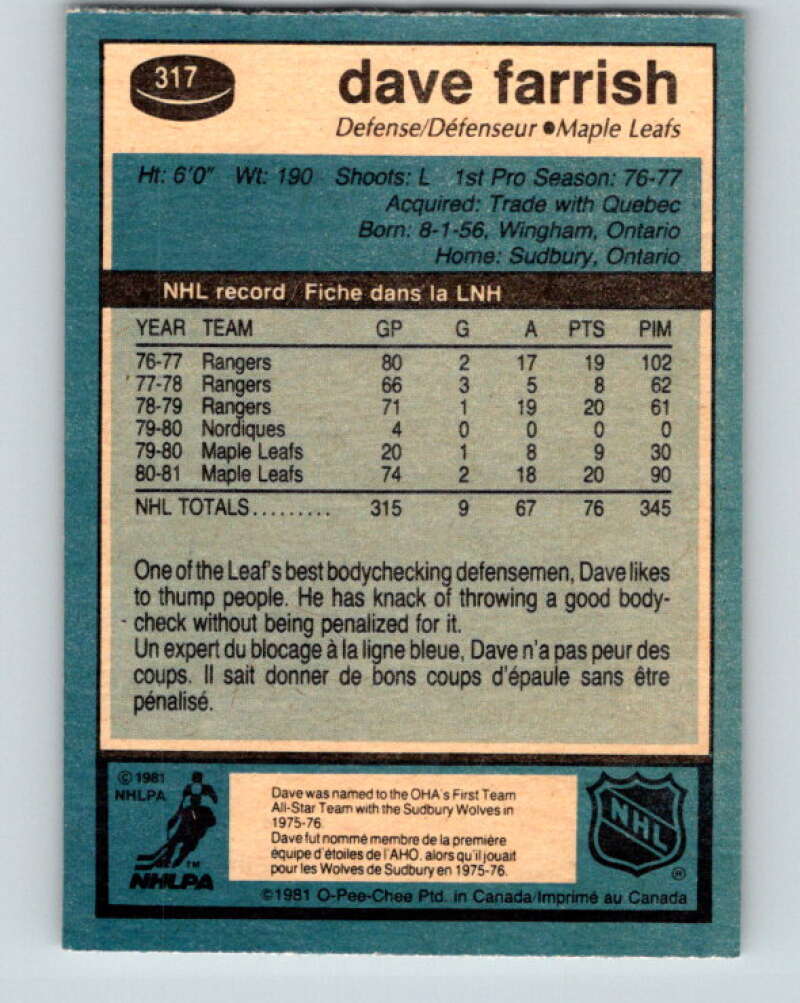 1981-82 O-Pee-Chee #317 Dave Farrish Toronto Maple Leafs V31728