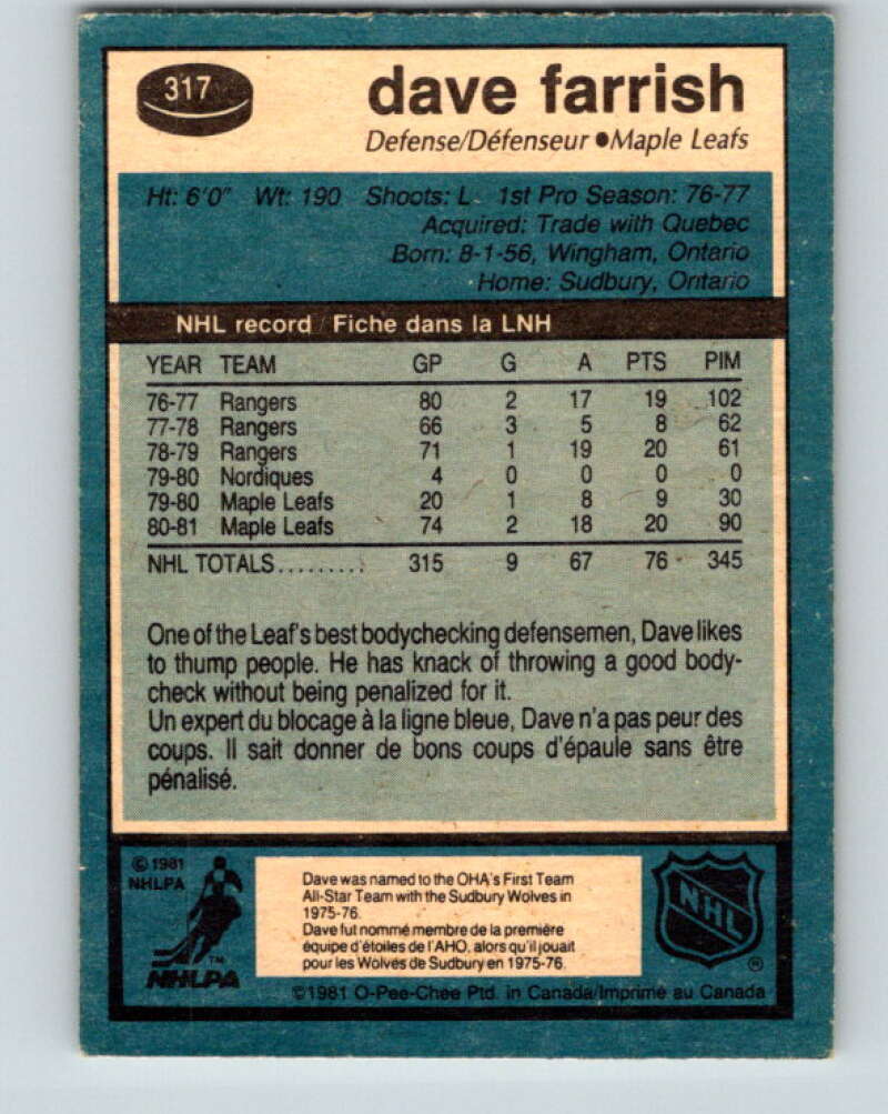 1981-82 O-Pee-Chee #317 Dave Farrish Toronto Maple Leafs V31729