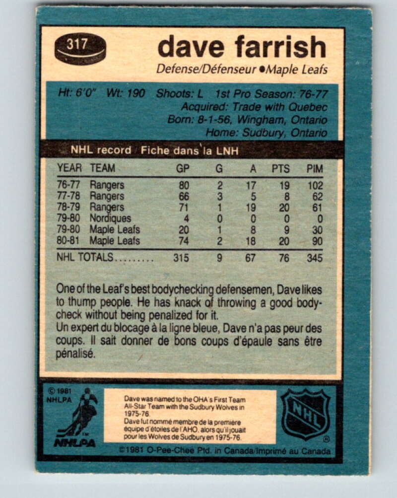 1981-82 O-Pee-Chee #317 Dave Farrish Toronto Maple Leafs V31730